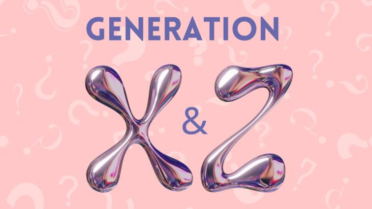 Schriftzug Generation X & Z auf rosa Hintergrund mit hellen Fragezeichen als Muster