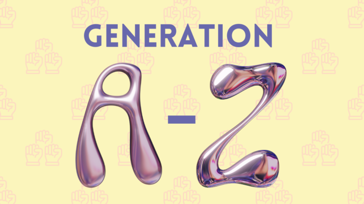 Schriftzug Generation A-Z auf gelbem Hintergrund mit rosa, gereckten Fäusten als Muster